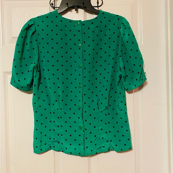 Art Deco Style Vintage Green Blouse with Navy Polka Dot buttons in back size 6 - Picture 5 of 8